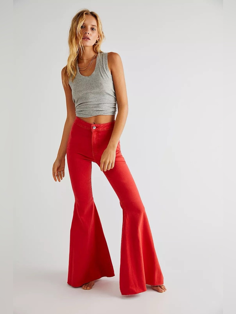 Free People We The Free Just Float On Flare Jeans Size 30 Red High Rise Raw Hem